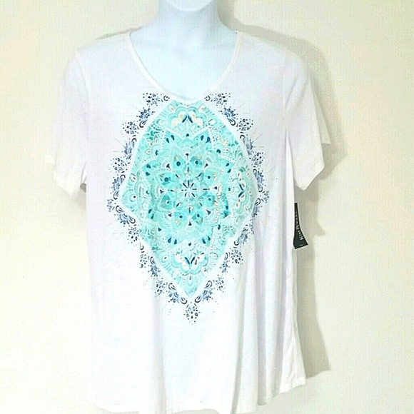 White T-shirt top short sleeve graphic Print Hip Length Boho Oversize New Scoop - Picture 1 of 5